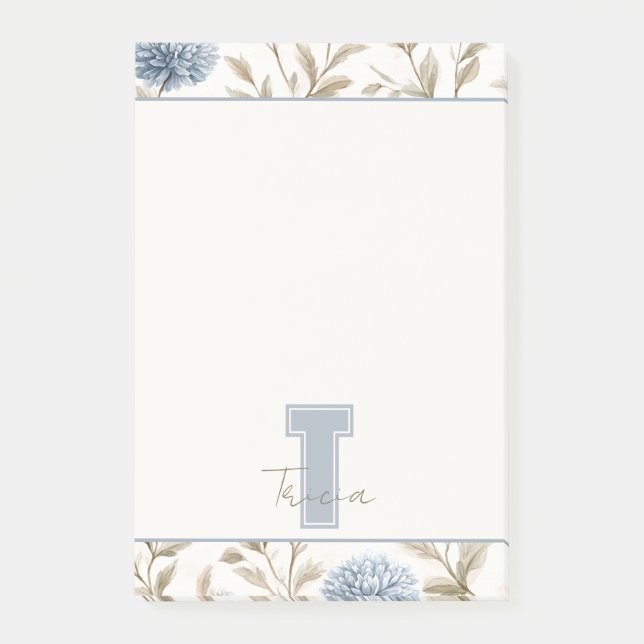 Creme Braun Blaue Blumen Monogramm Anfangsname Post-it Klebezettel (Vorderseite)