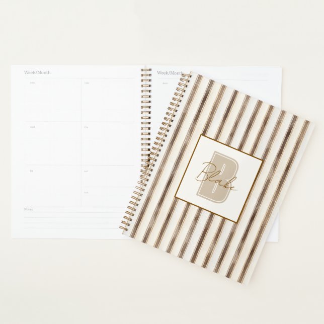Creme Braune Streifen Monogramm Anfangsbuchstabe N Planer (Anzeige)