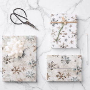 Creme-Bronze-Blau-Schneeflocken-Weihnachten Geschenkpapier Set
