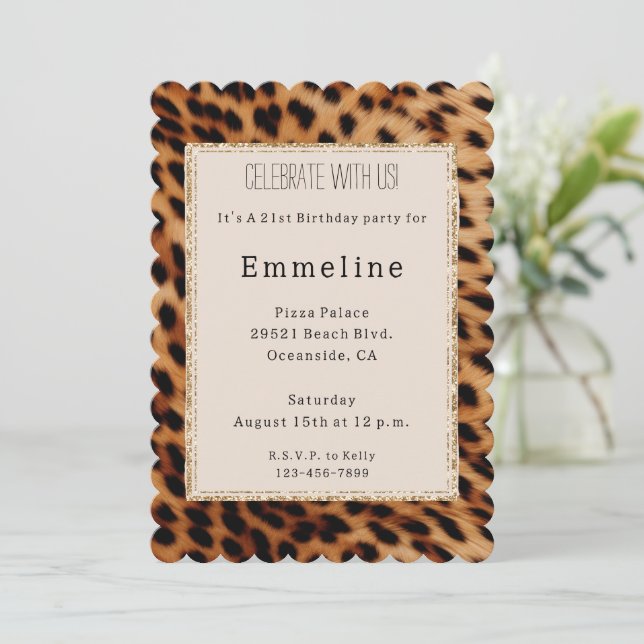 Creme Brown Black Leopard Gold Glitzer Einladung (Stehend Vorderseite)