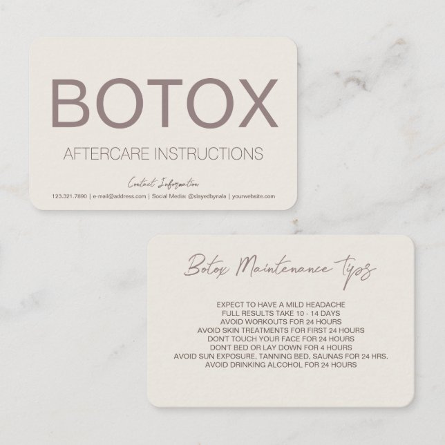 Creme & Brown Botox Instruction Aftercare Card Visitenkarte (Vorne/Hinten)
