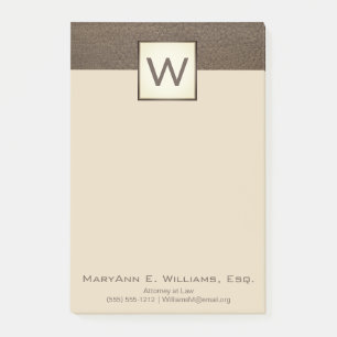 Creme Brown Imitats Leder Führungskraft Monogramm Post-it Klebezettel