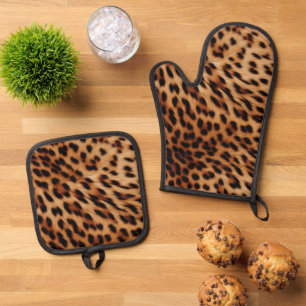 Creme Brown Leopard Print Ofenhandschuh & Topflappen-Set