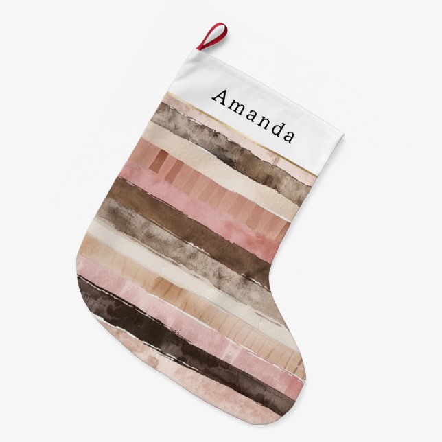 Creme Brown Pink Streifen Weihnachten Großer Weihnachtsstrumpf (Vorderansicht (hängend))