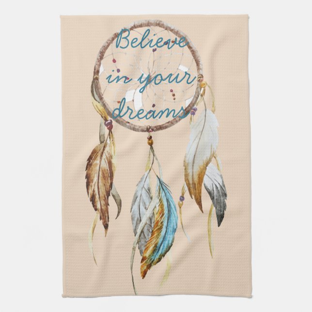 Creme Brown Türkis White Feathers Dream Catcher Geschirrtuch (Vertikal)