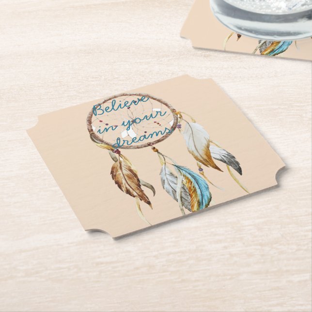 Creme Brown Türkis White Feathers Dream Catcher Untersetzer (angewinkelt)