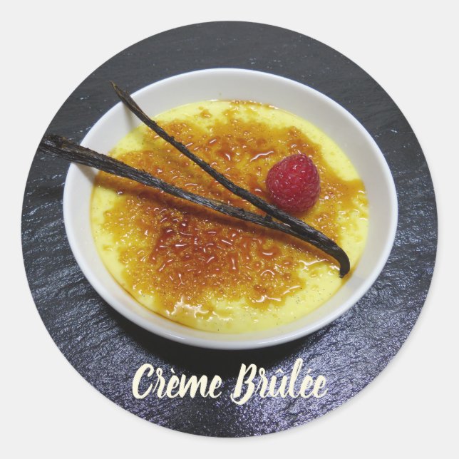 Creme brulae auf Tonschiefer mit Himbeere und Vani Runder Aufkleber (Vorderseite)