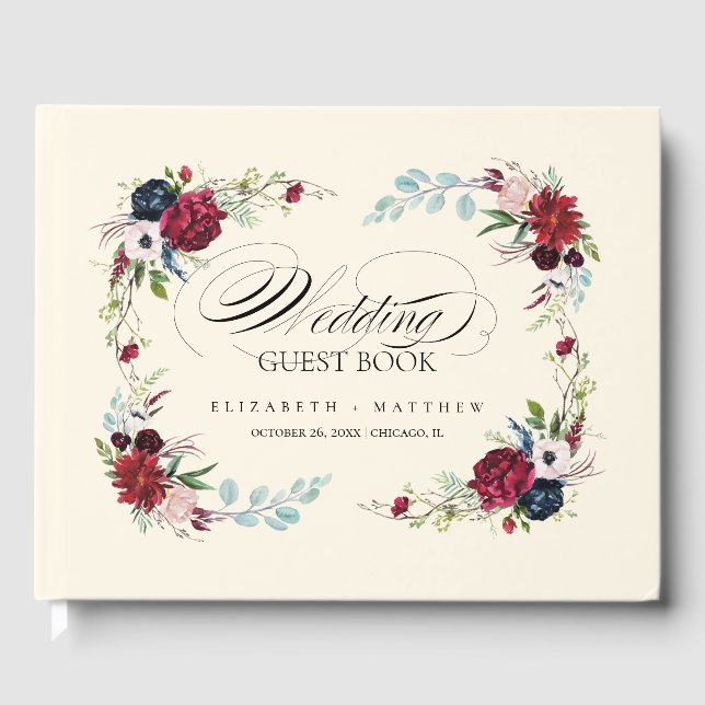 Creme | Burgund | Hochzeit von Navy Blue Floral Gästebuch (Vorderseite)