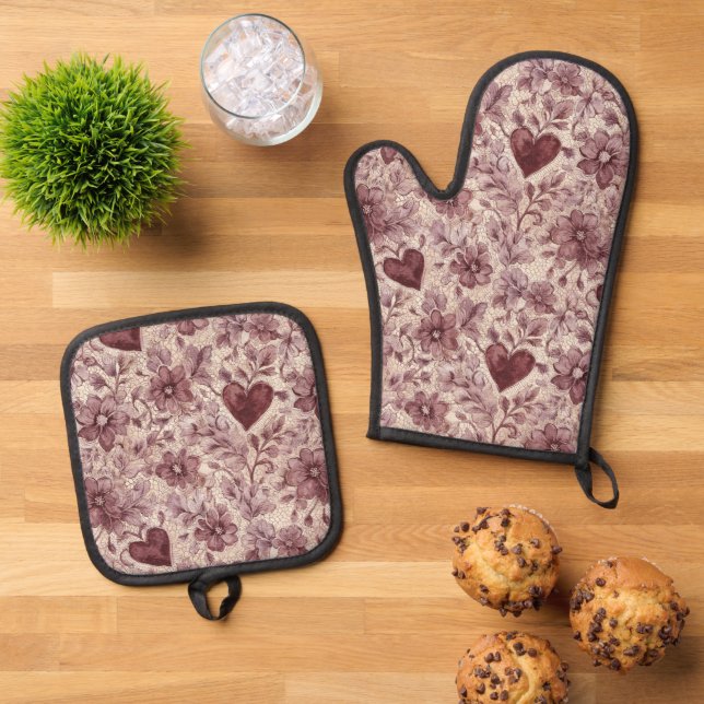 Creme Burgunderrote Herzblumen Ofenhandschuh & Topflappen-Set (Oben Unten)