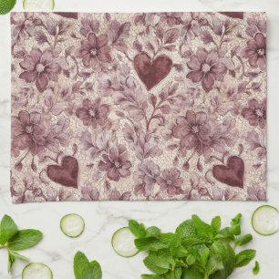 Creme Burgunderrote Herzen Blumen Geschirrtuch