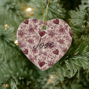 Creme Burgunderrote Herzen Blumen Keramik Ornament