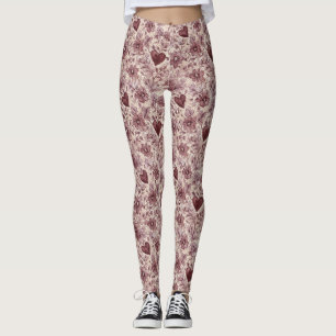 Creme Burgunderrote Herzen Blumen Leggings