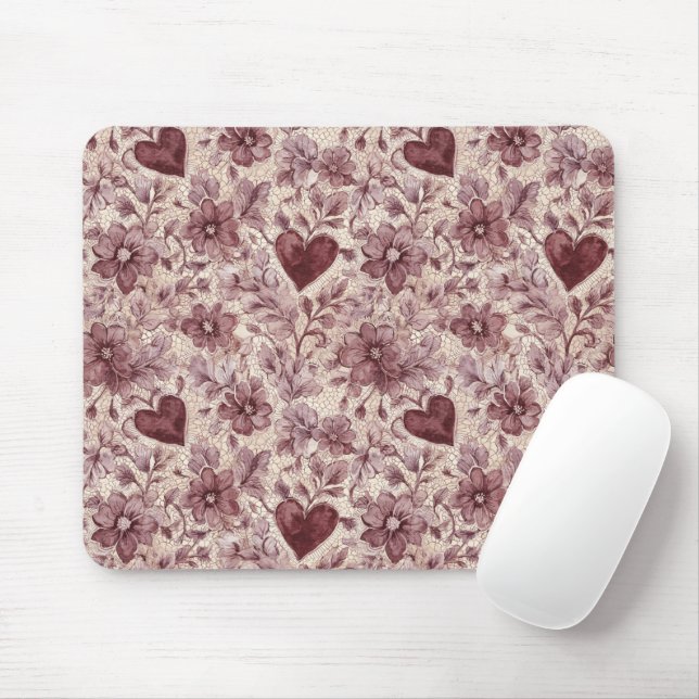 Creme Burgunderrote Herzen Blumen Mousepad (Mit Mouse)
