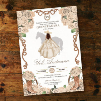 Creme Champagne Rose Charro Vestidos Quinceanera Einladung