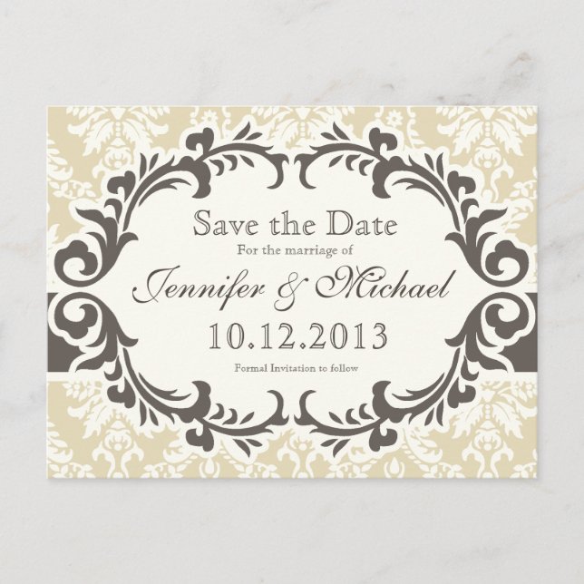 Creme Damask Save the Date Postkarte (Vorderseite)