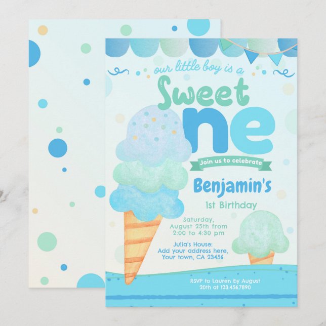 Crème de glace 1er anniversaire Fête Invitation (Devant / Derrière)