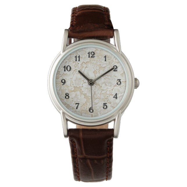 Creme Elfenbein Blumen Armbanduhr (Vorderseite)