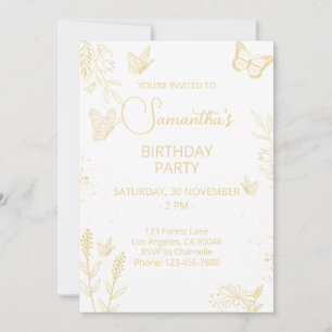 Crème et Papillon d'or Invitation d'anniversaire