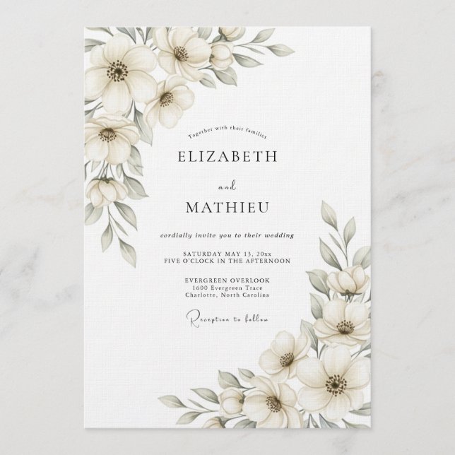 Creme-etherische botanische Hochzeit Einladung (Vorderseite)