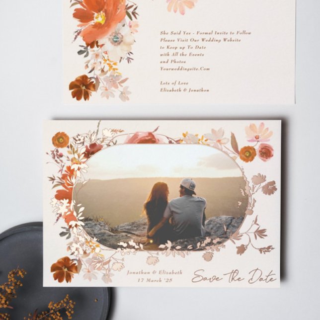 Creme Floral Frame Foto Save the Date Rose Folieneinladung (Von Creator hochgeladen)