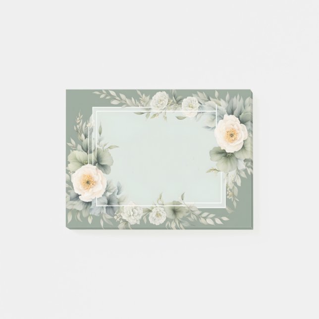 Creme Floral White Frame Sage Grüner Hintergrund Post-it Klebezettel (Vorderseite)