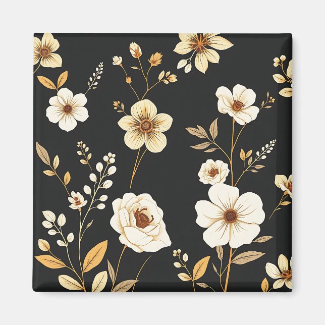 Creme-Gold-Blumenmuster Schwarz Magnet (Vorne)