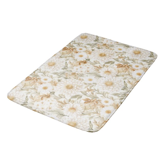 Creme Gold Weiß Landblumen Badematte (Schrägansicht)