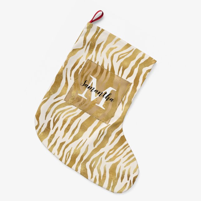 Creme Gold Zebra Print Monogram Großer Weihnachtsstrumpf (Vorderansicht (hängend))