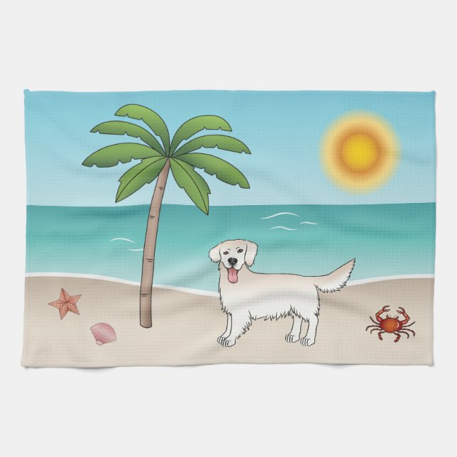 Creme Golden Retriever an einem tropischen Sommers Geschirrtuch (Horizontal)