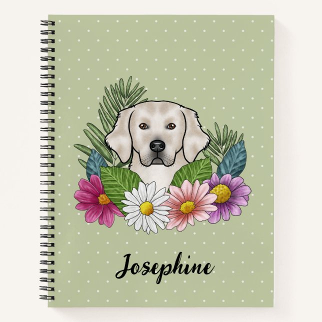 Creme Golden Retriever farbige Blume und Name Notizbuch (Vorderseite)