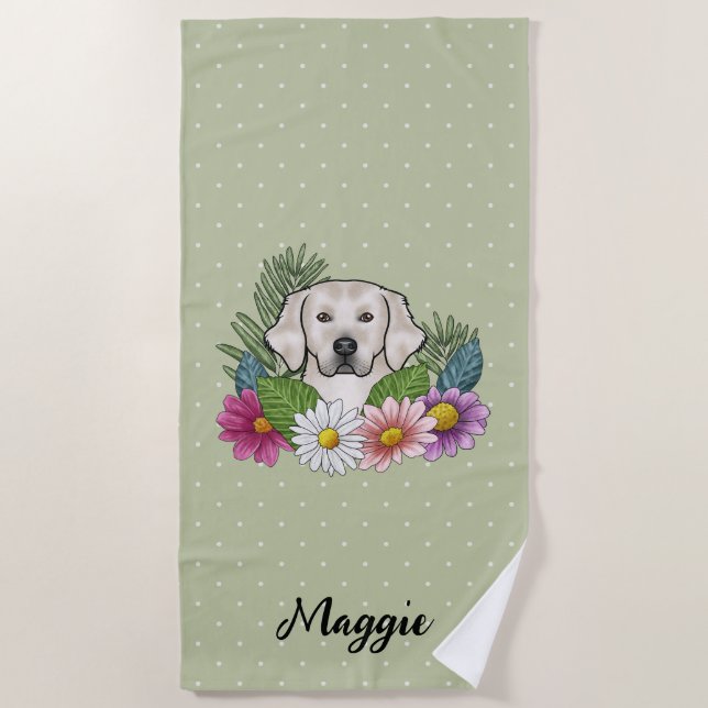 Creme Golden Retriever farbige Blume und Name Strandtuch (Vorderseite)