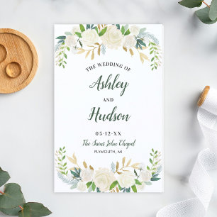 Creme Goldene Blumige Grün Hochzeitsprogramme