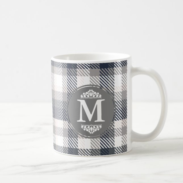 Creme & Grau-Karierter Monogramm-Letter Kaffeetasse (Rechts)
