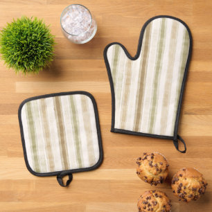 Creme Grün Braun Streifen Ofenhandschuh & Topflappen-Set