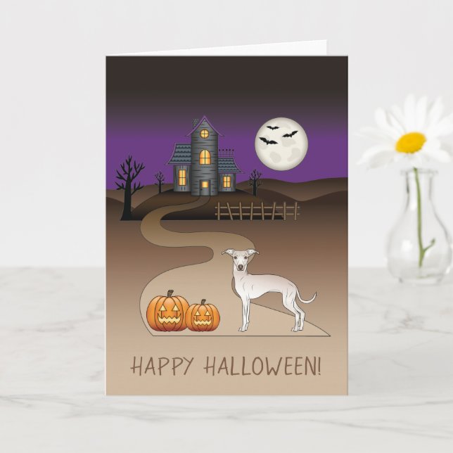 Creme Iggy Niedlich Hund und Halloween Spuk Haus Karte (Kleine Pflanze)