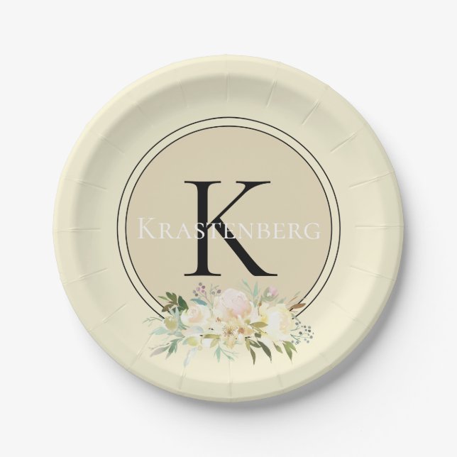 Creme Individuelle Name Monogram White Roses Pappteller (Vorderseite)