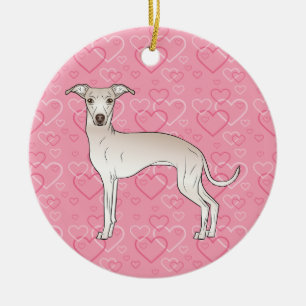 Creme Italian Greyhound Pink Hearts Pet Memorial Keramik Ornament