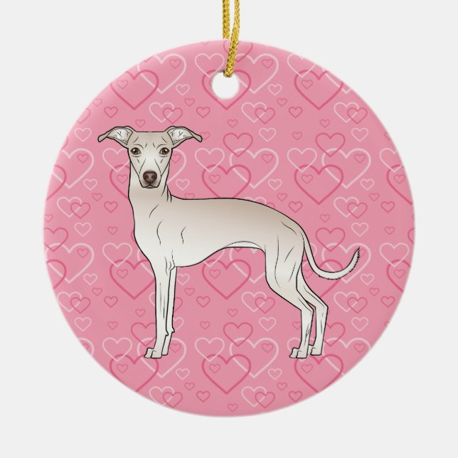 Creme Italian Greyhound Pink Hearts Pet Memorial Keramik Ornament (Vorne)