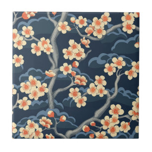 Creme Korallen-Sakura-Navy-Blumenmuster Fliese