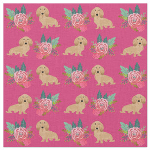 Creme-Langhaar-Dackel magenta-Blüten Stoff