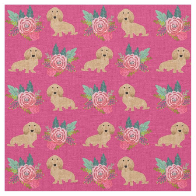 Creme-Langhaar-Dackel magenta-Blüten Stoff (Nahaufnahme)