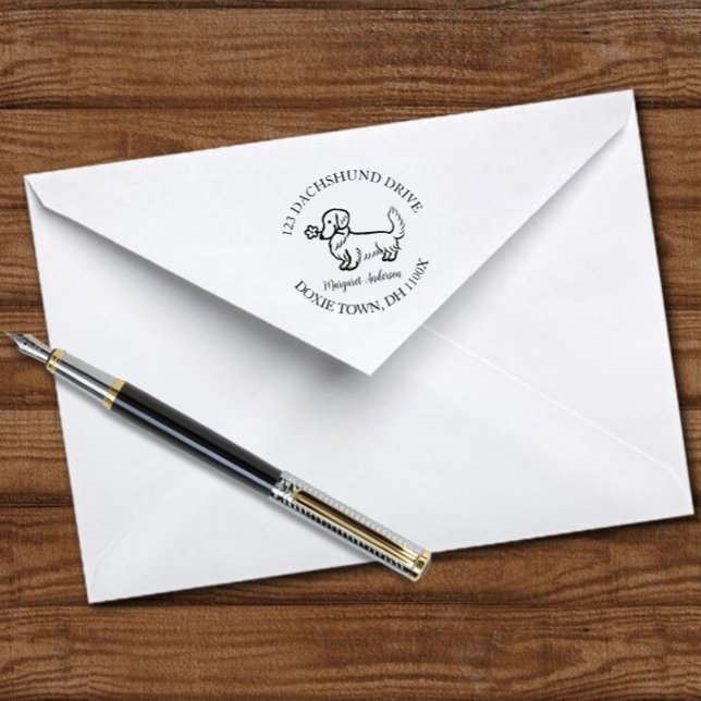 Creme Long Dackel Cartoon Rücksendeadresse Permastempel (Cream Long Haired Dachshund Cartoon Return Address Self-inking Stamp for Doxie Owners.  Cartoon.)