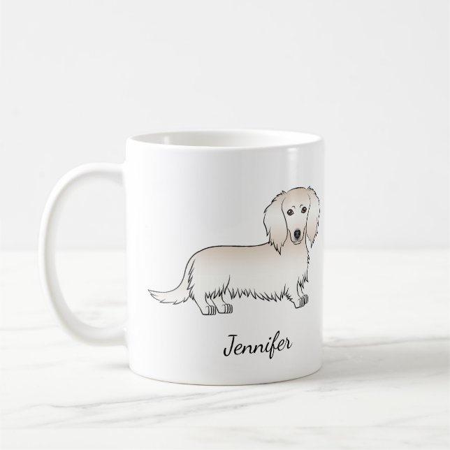 Creme Long Hair Dackel Niedlich Cartoon Dog & Name Kaffeetasse (Links)