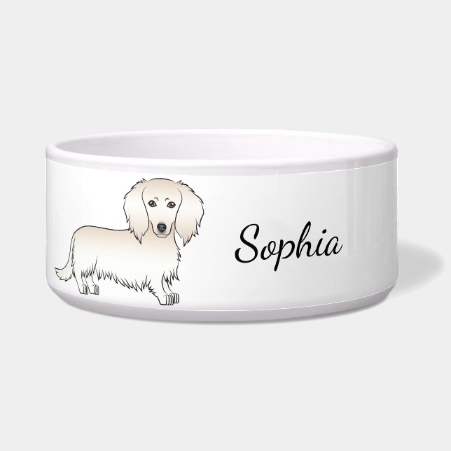Creme Long Hair Dackel Niedlich Cartoon Dog & Name Napf (Vorderseite)