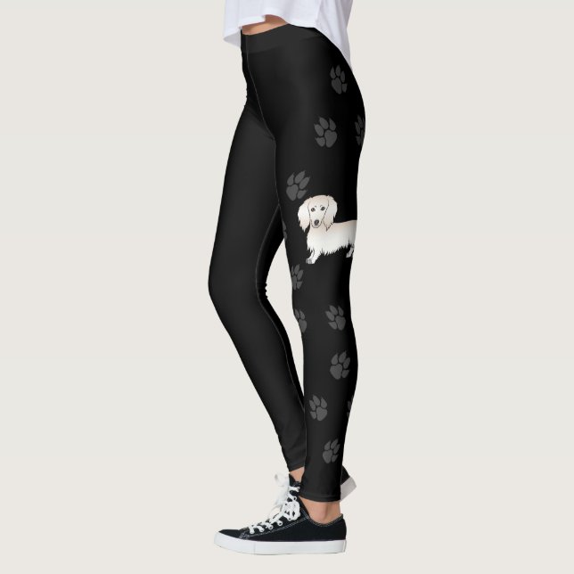 Creme Long Hair Dackel Niedlich Cartoon Dog & Paws Leggings (Links)