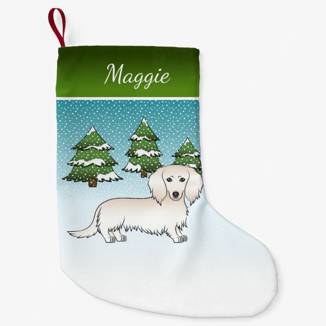 Creme Long Hair Dackel Niedlich Hund - Winterwald Kleiner Weihnachtsstrumpf (Vorderseite)