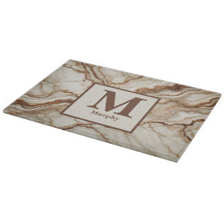 Creme-Marmor und Braunvenen-Monogramm Schneidebrett