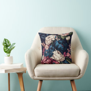 Creme, Mauve und Blaue Blumenkissen Kissen