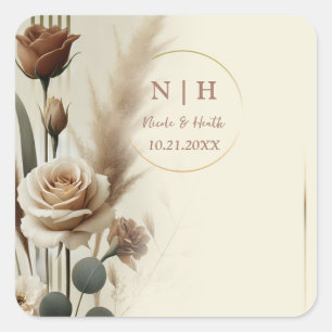 Creme & Mocca Neutrale Geometrische Florale Hochze Quadratischer Aufkleber