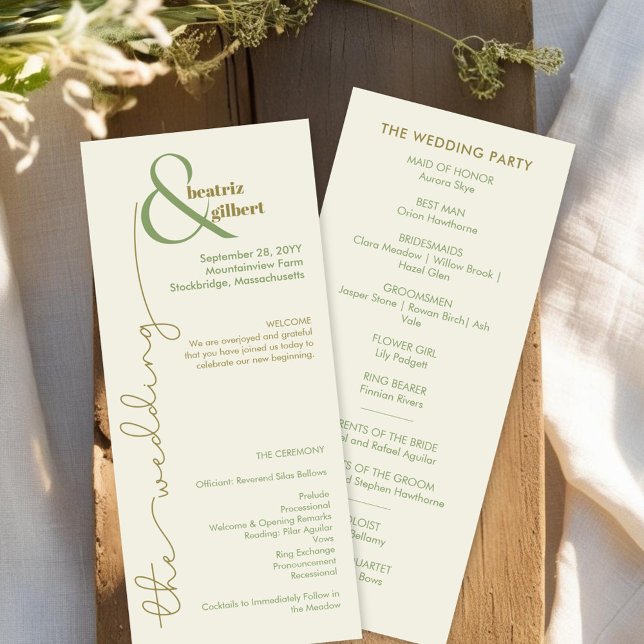 Crème moderne et programme de mariage minimaliste  (Simple modern wedding program with an elegant ampersand monogram in cream, olive green and moss)